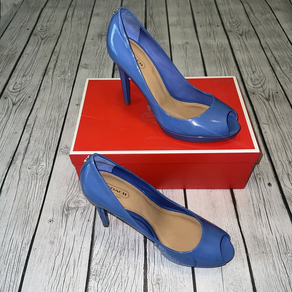 COACH Selma Patent Toe Heel in Bright Chambray (Blue) size 9 Tried On